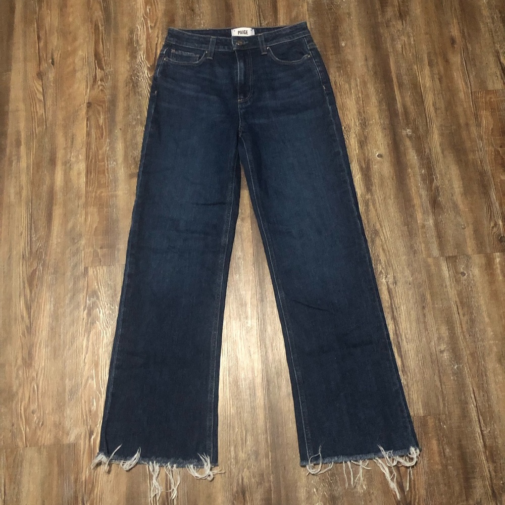 PAIGE Dark Wash Wide Leg Jeans with Frayed Hem